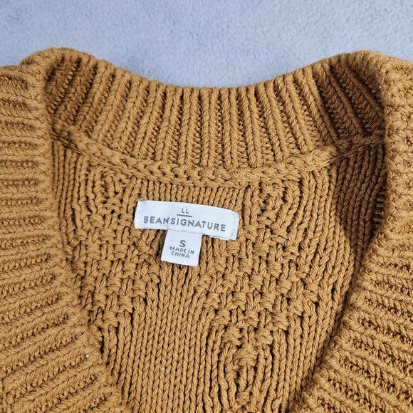 LL Bean Signature Sweater Womens Small Cable Knit Fisherman Tunic V-Neck Mustard - Picture 4 of 11